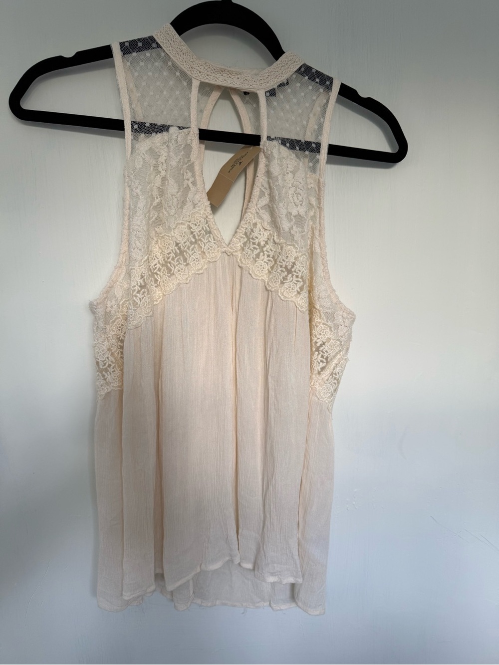American Eagle Boho Y2K Babydoll  Tank Sheer/Lace/High Neck  S Ivory